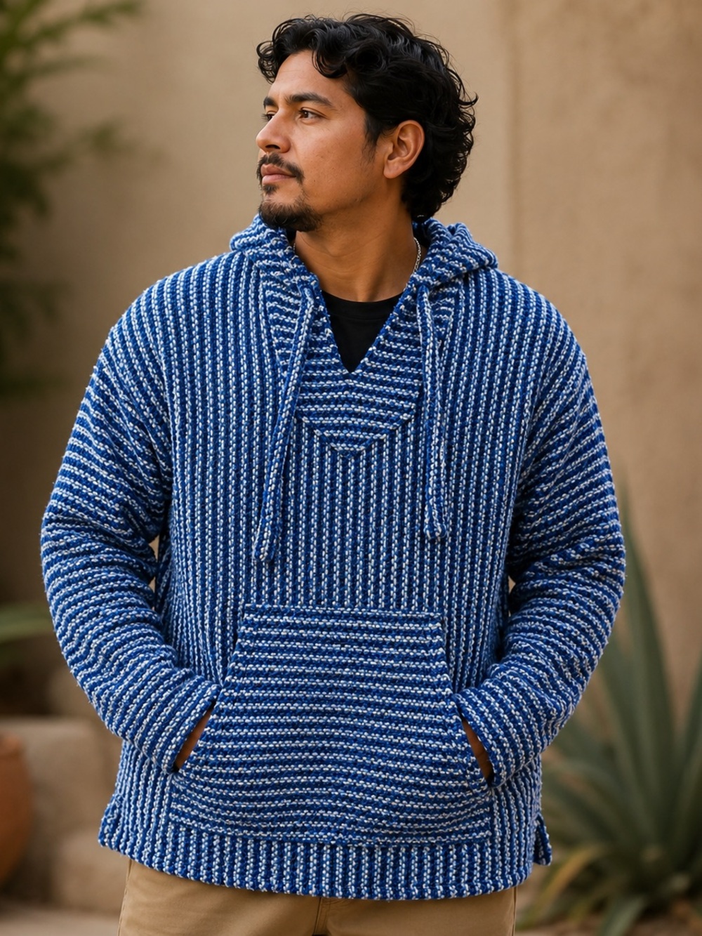 Made in Mexico Baja Rag Blue and White Striped Adult Unisex Hoodie Sz. large